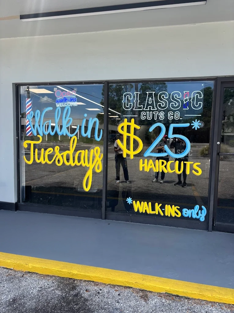 Classic Cuts Co. storefront with walk-in Tuesday specials